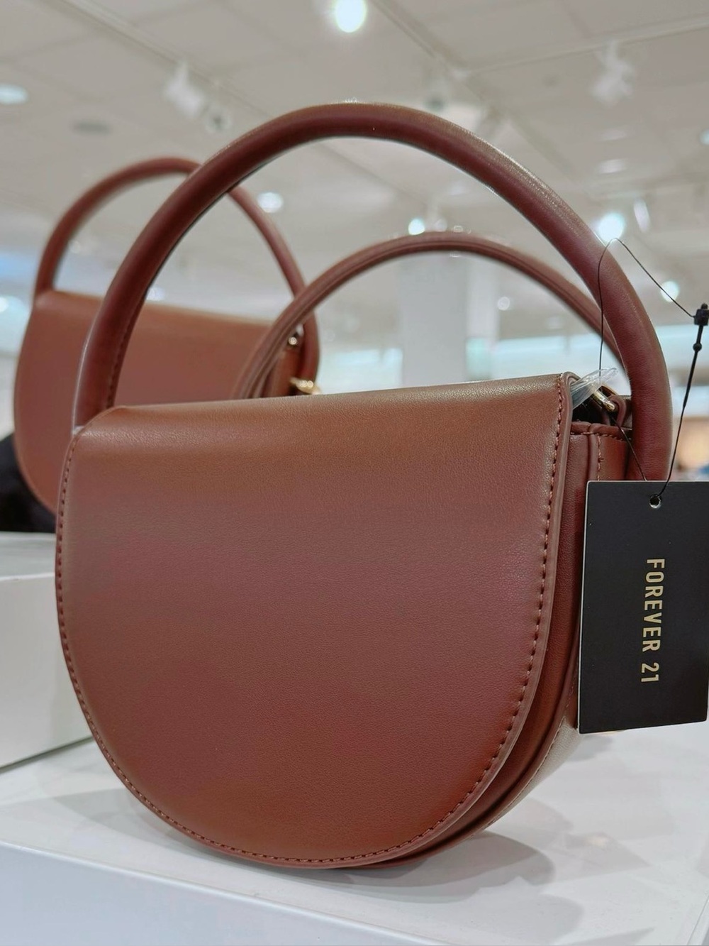 Forever 21 Faux Leather Cognac Half Moon Crossbody Saddle Purse 6”x7”x2.5” EUC